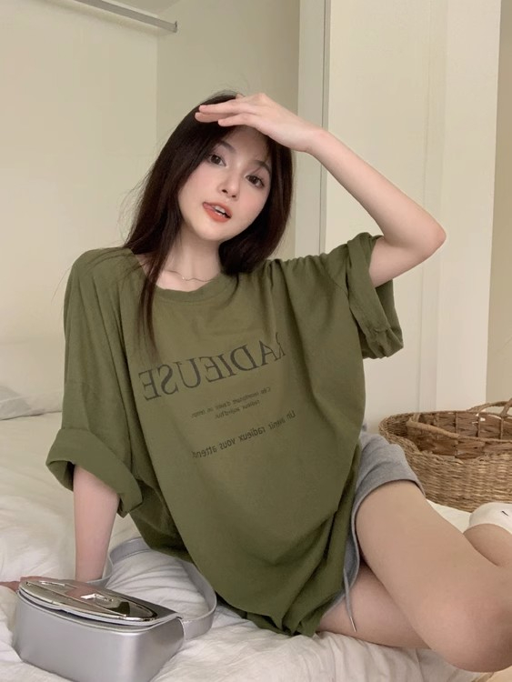 美式復古圓領寬鬆正肩短袖t恤女夏季字母印花別致小眾設計感上衣
