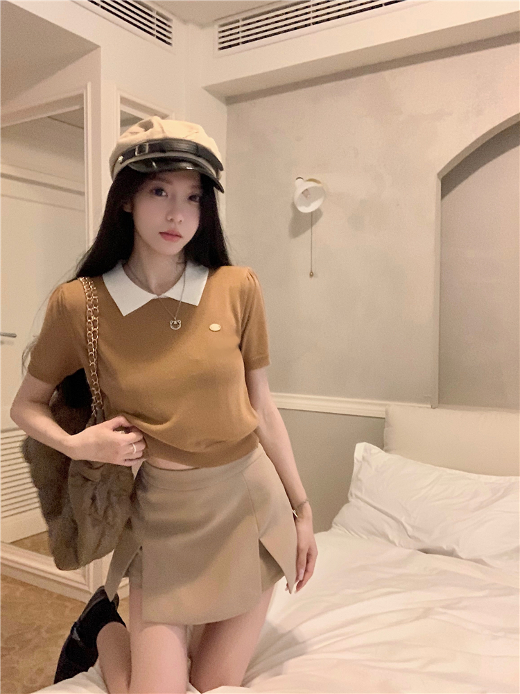 實拍~大碼POLO領針織短袖T恤女甜辣妹上衣+a字西裝半身裙褲女