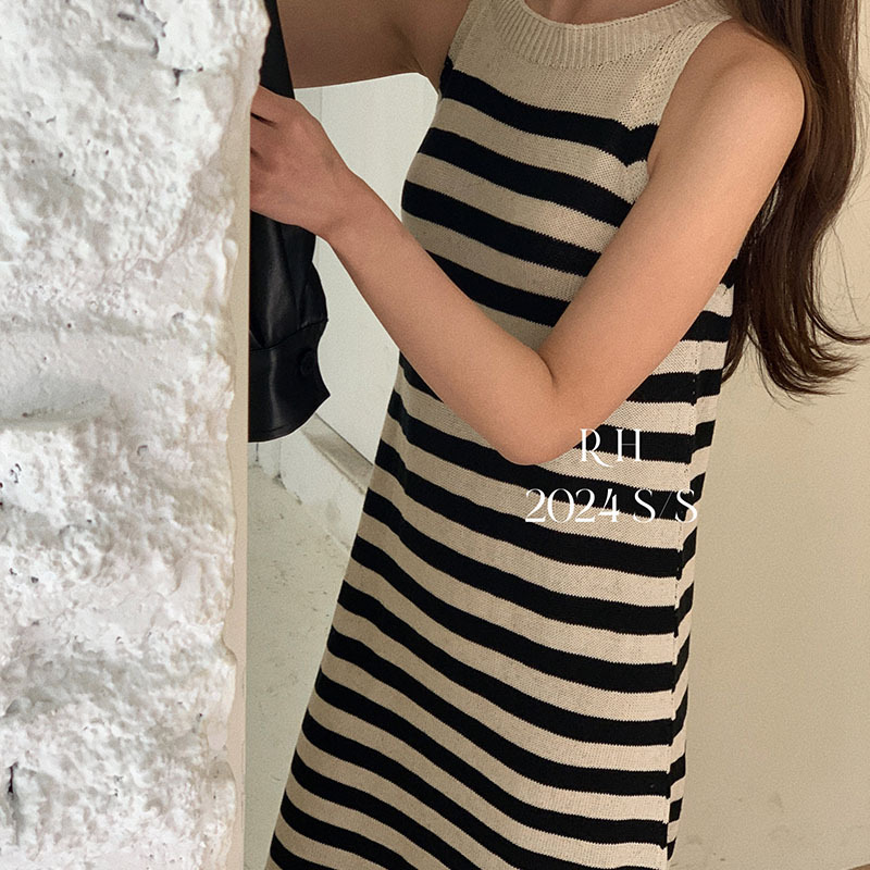 春裝女裝穿搭新款韓系圓領撞色條紋顯瘦針織背心長裙連衣裙