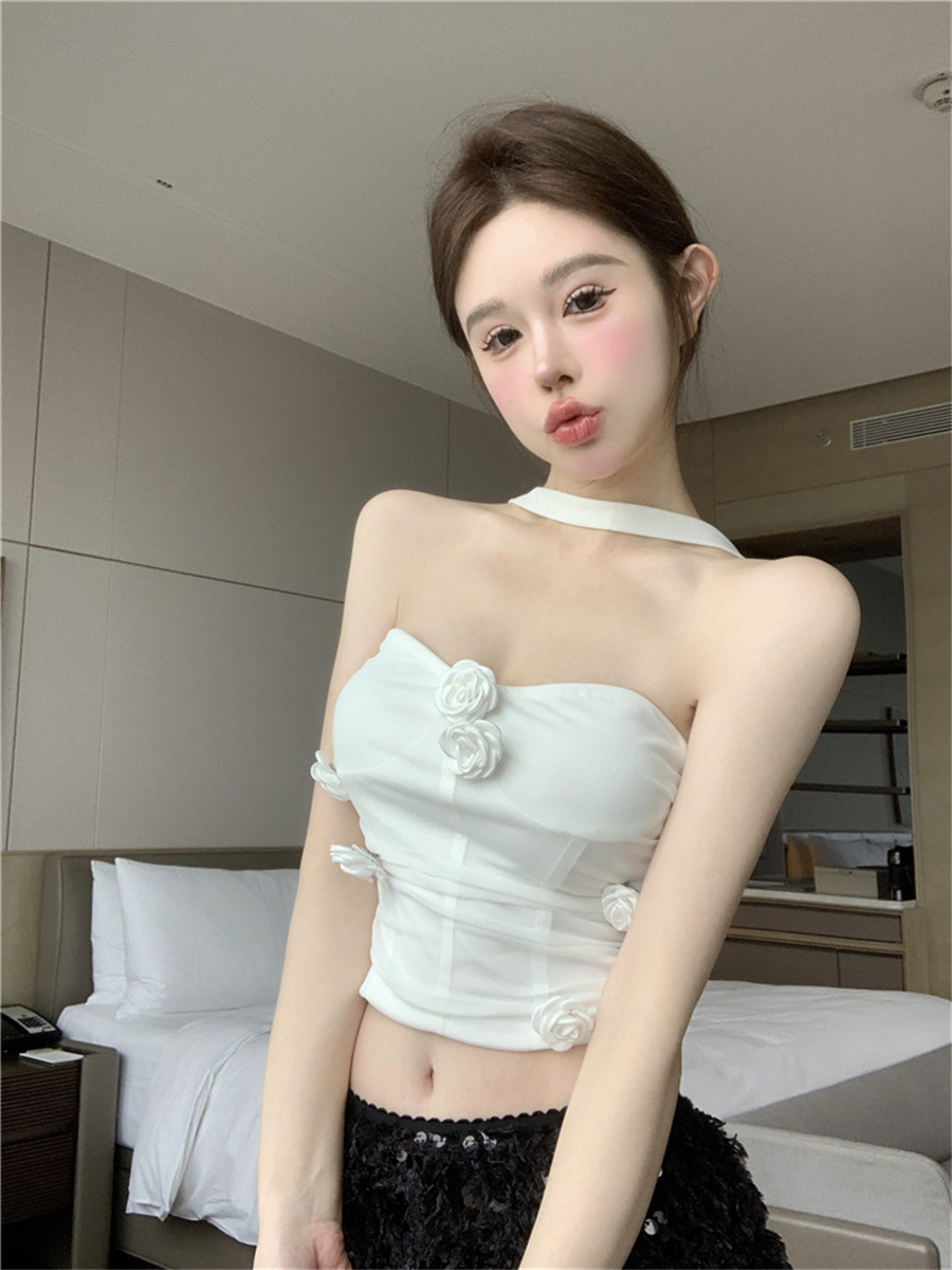 實拍~純欲辣妹別致立體花設計感掛脖背心顯瘦收腰性感短上衣