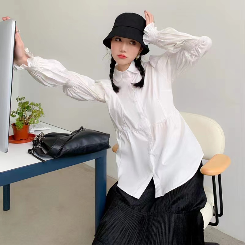 減齡小心機設計感泡泡花瓣袖小眾長袖白襯衫