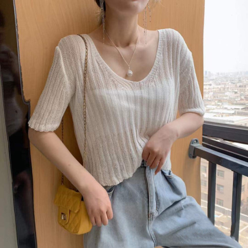 夏季韩版设计感小众纯色薄款针织衫短袖V领坑条纹上衣女INS潮
