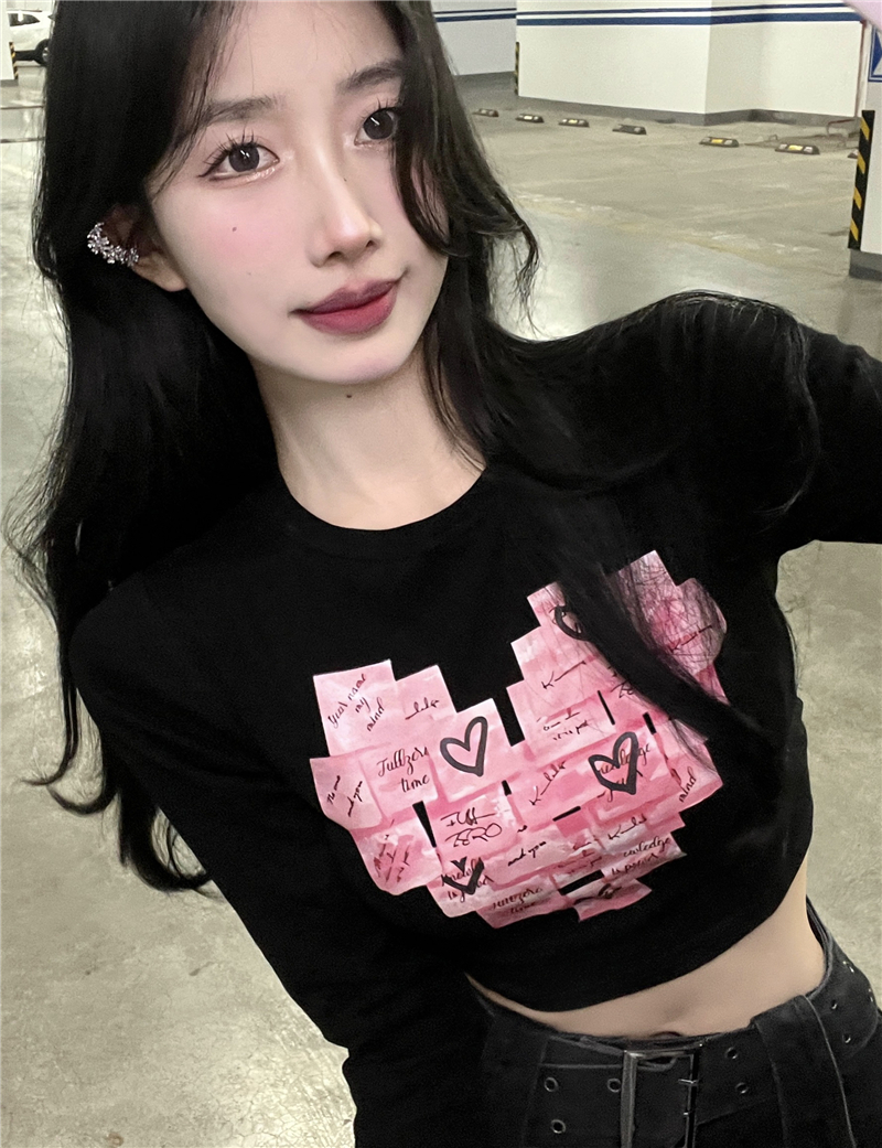 韓系穿搭愛心T恤女2024春季新款復古 短款打底衫內搭長袖白色上衣