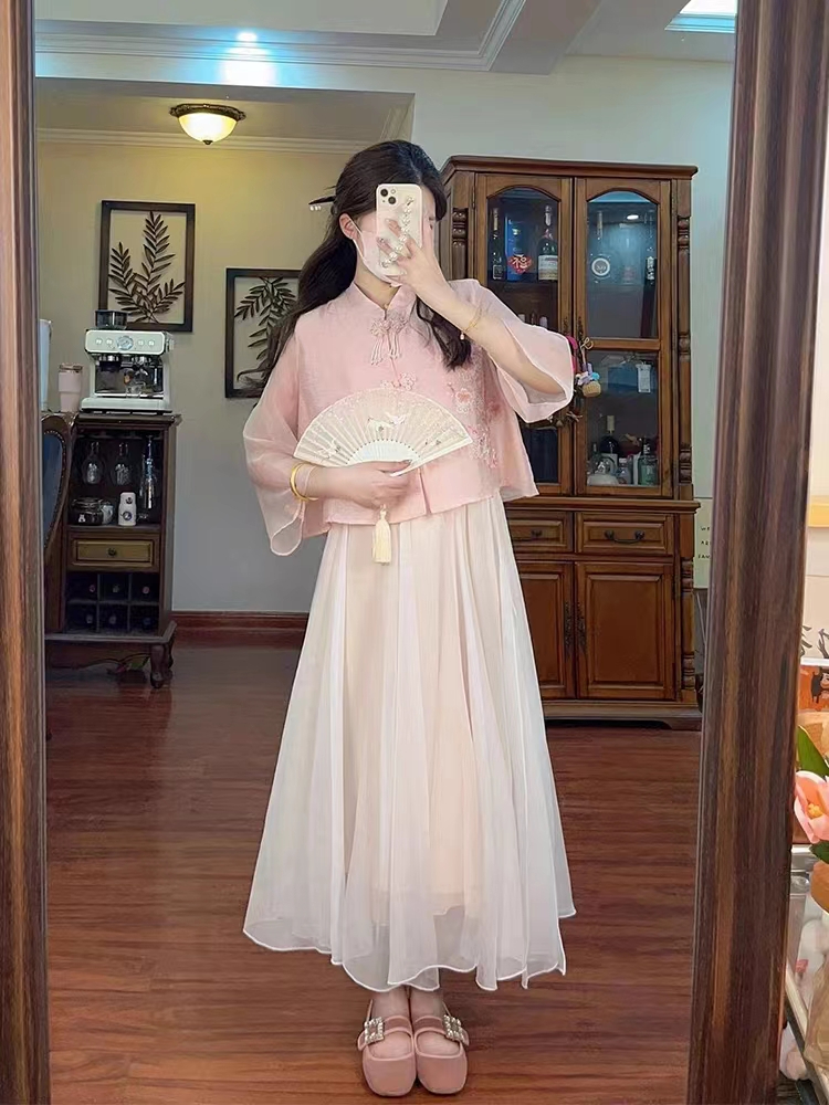 國風新中式女裝刺繡襯衫女2024夏季寬鬆新款上衣禪意漢服兩件套裝