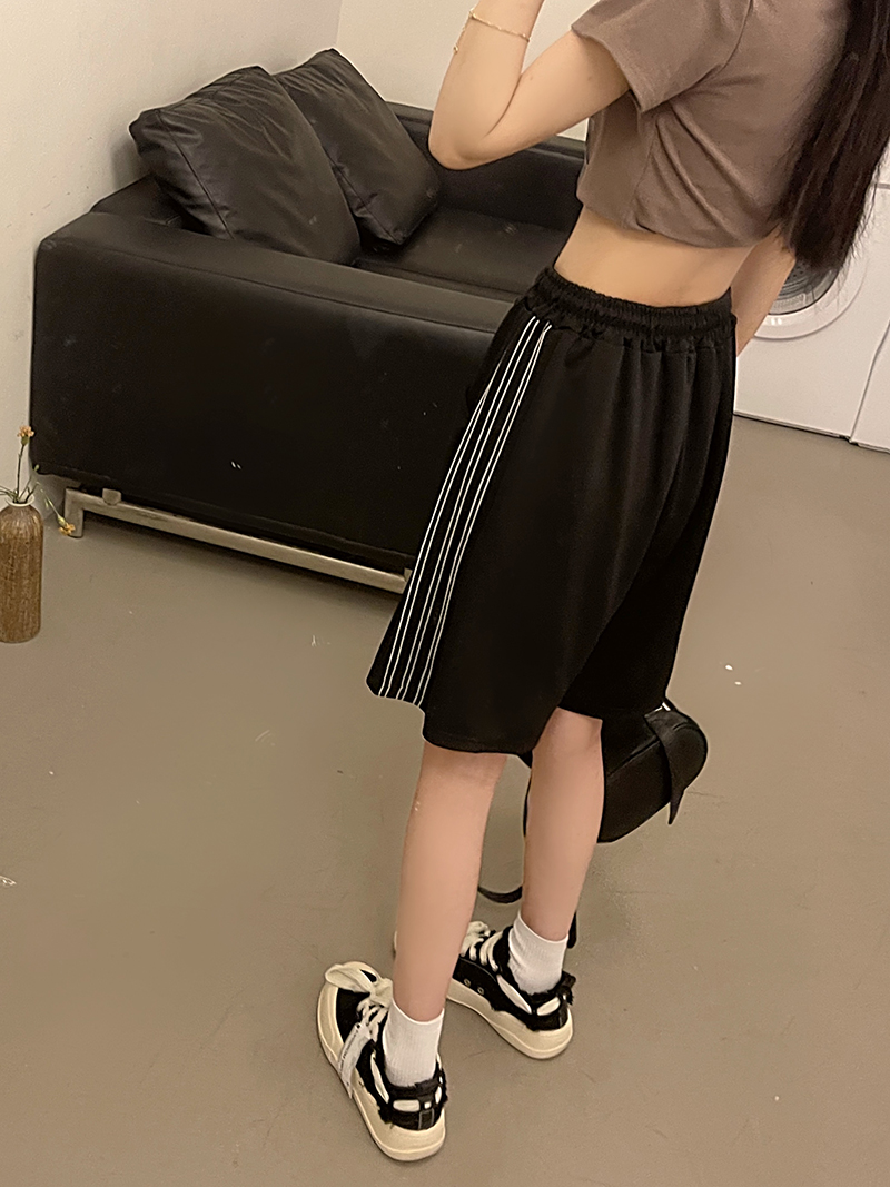 實拍 高質量斜紋 夏季小個子休閒褲寬鬆條紋運動短褲女寬鬆五分褲