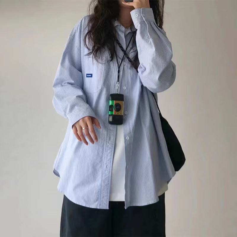 日系藍色條紋襯衫2024年新款內搭打底上衣外套春季女裝襯衣女