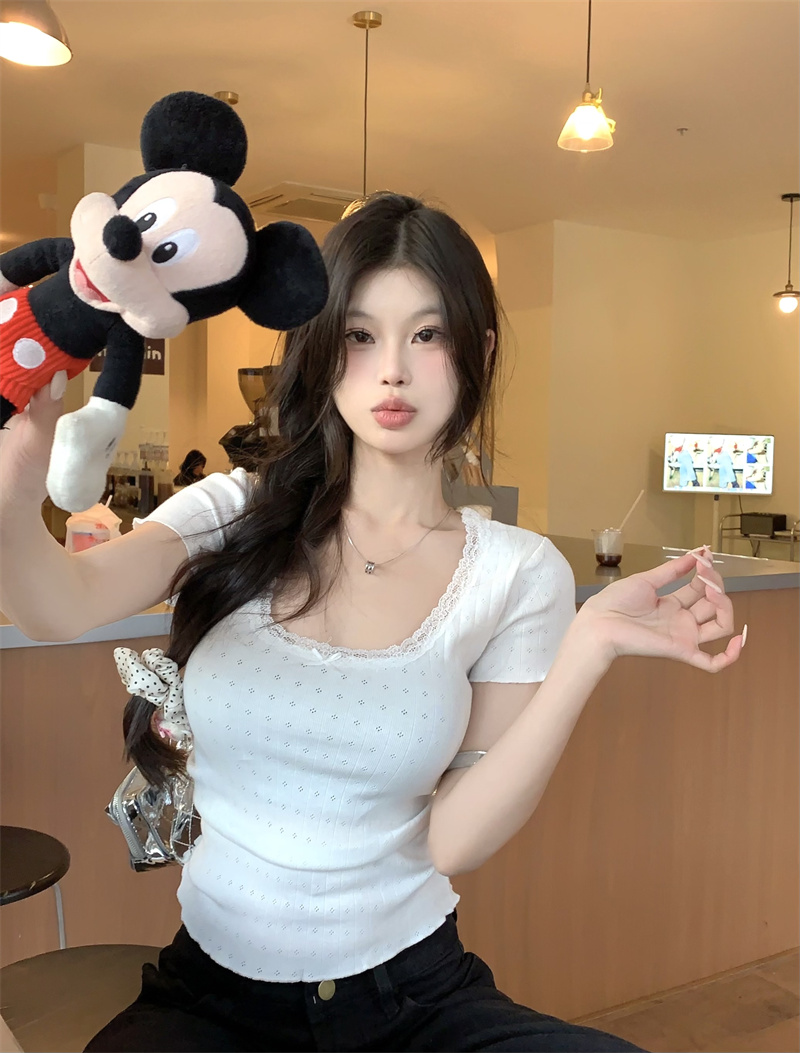 實拍 白色純欲甜美蕾絲修身顯瘦打底女夏季內搭短袖T恤上衣