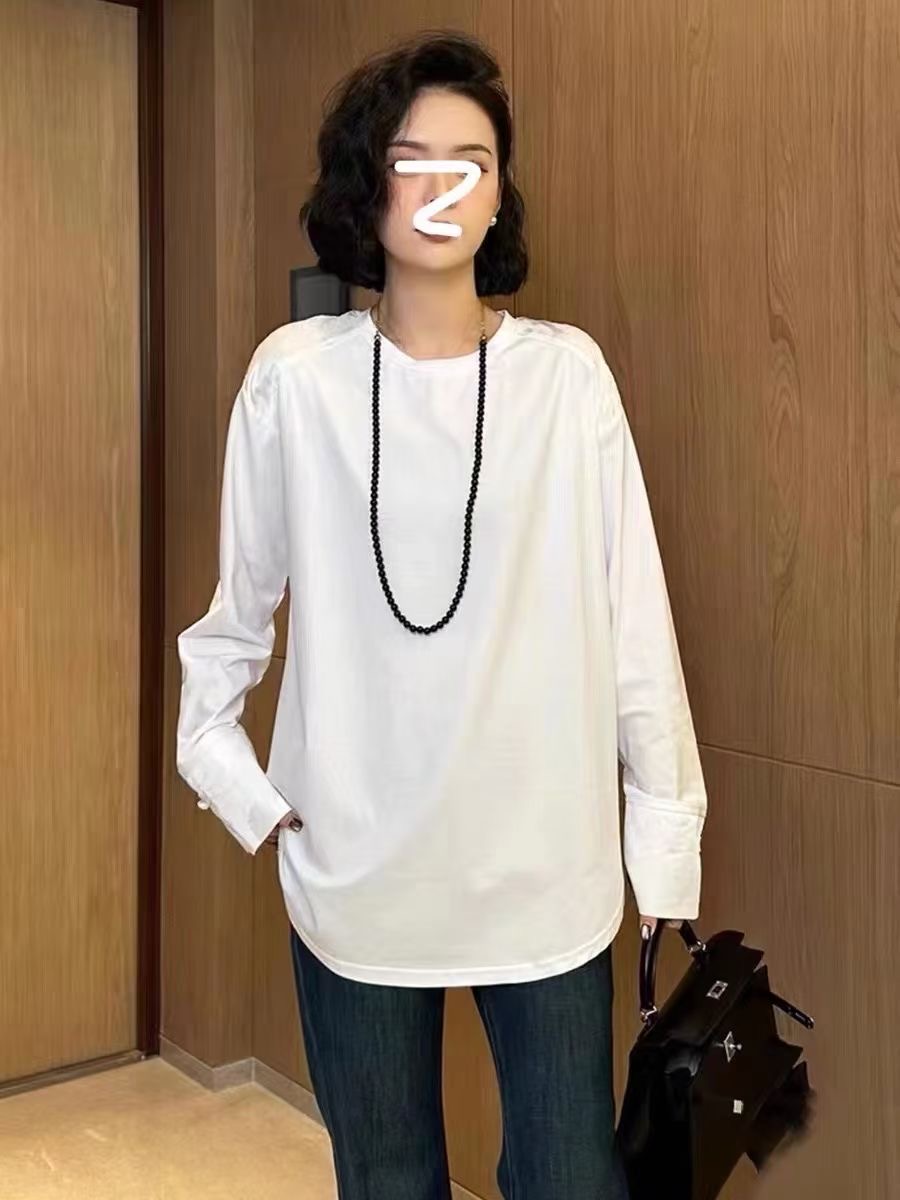 歐貨簡約圓領純色提花長袖T恤女春季新款寬鬆休閒百搭上衣潮