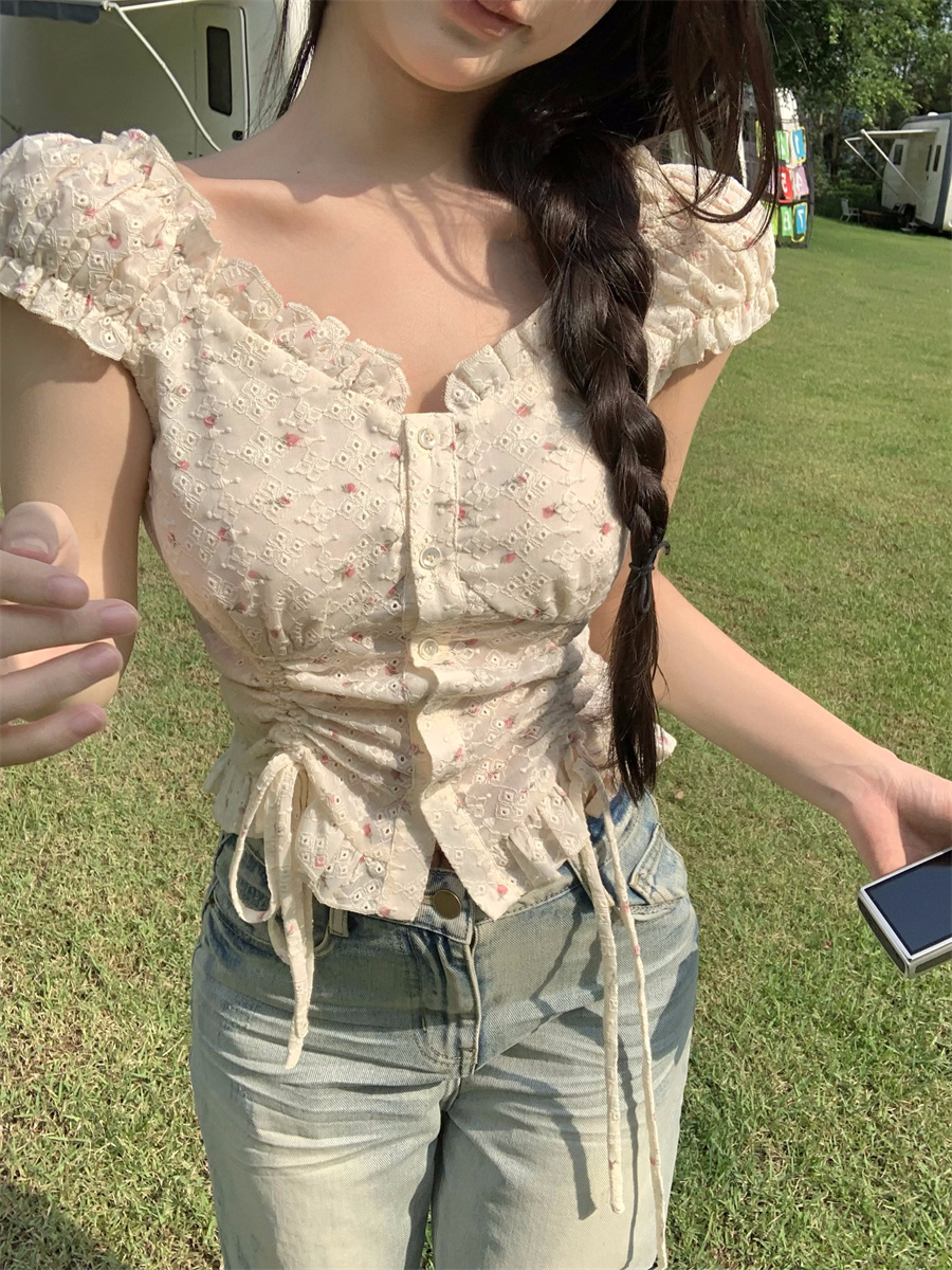 實拍 小清新甜美碎花襯衫女純欲風泡泡袖露肩褶皺系帶上衣女