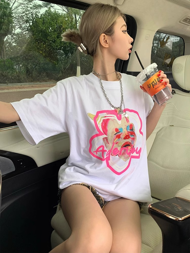 純棉 天貓質量 潮牌小眾小丑印花寬鬆百搭T恤
