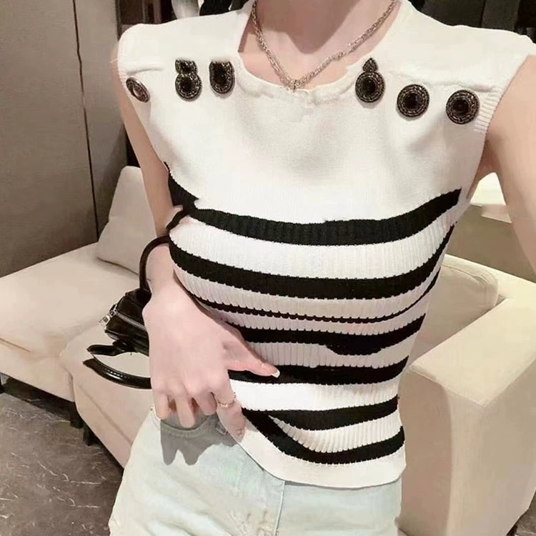高級感無袖背心女紐扣撞色條紋修身顯瘦氣質百搭針織衫上衣