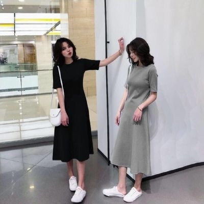 高腰2024短袖連衣裙女春夏季新款梨形身材遮胯長款過膝顯瘦A字裙