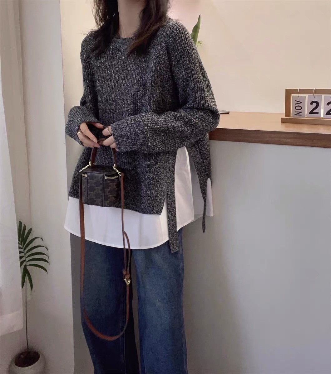 假兩件拼接中長款針織衫毛衣女春秋季新款寬鬆顯瘦打底衫套頭上衣