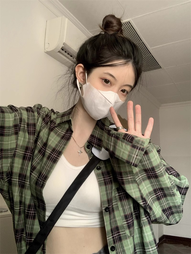 綠色復古設計感寬鬆格子長袖襯衫女春季小個子修身開衫中長款上衣