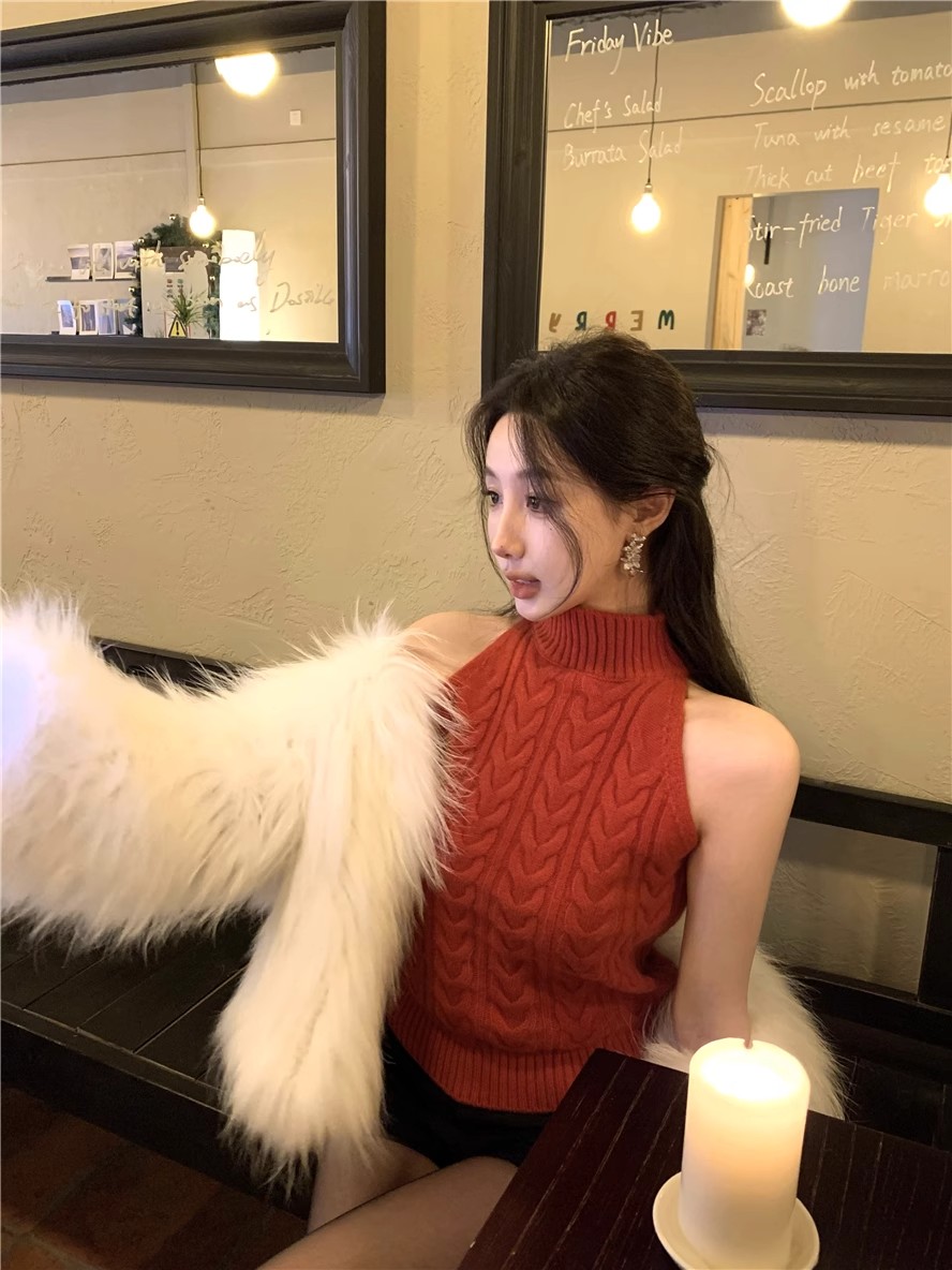 紅色麻花半高領針織衫背心女秋冬季新款緊身短款無袖毛衣內搭上衣