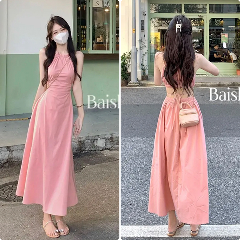 純欲風赫本收腰顯瘦初戀長裙春夏超顯瘦連衣裙 掛脖無袖裙子