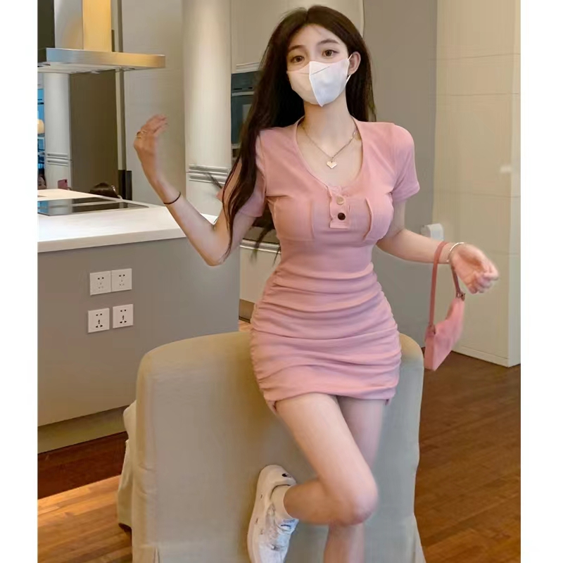 辣妹純欲風t恤連衣裙夏季新款修身顯瘦褶皺性感包臀裙短裙子i