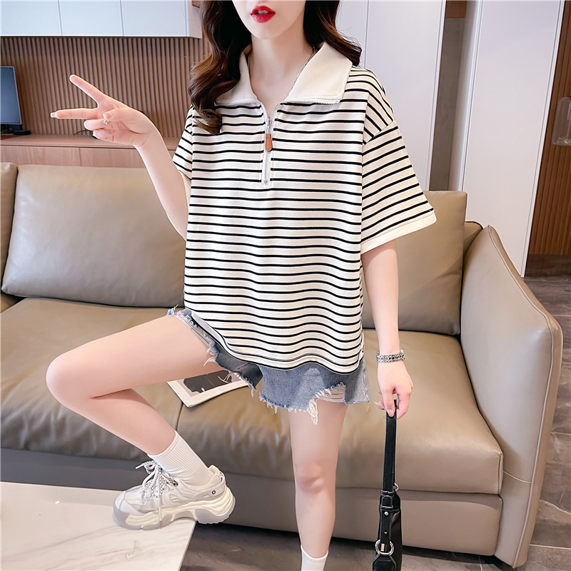 實拍 新款百搭朱地條紋短袖T恤女夏季韓版寬鬆polo領上衣潮