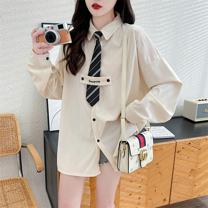 實拍 送領帶 原版2024春秋薄款韓版POLO領高級感襯衫外套女