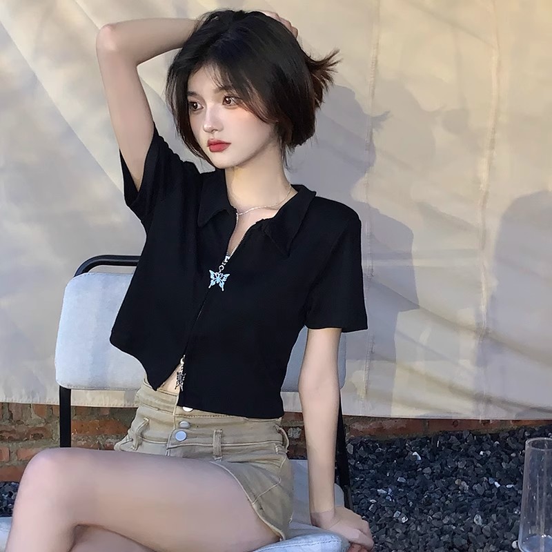 已出貨 蝴蝶雙拉鏈短款小個子上衣甜酷辣妹正肩短袖T恤夏季美式