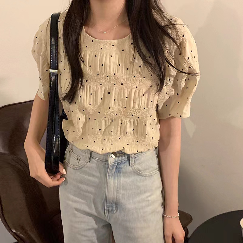 韓國chic夏季復古簡約減齡波點小清新圓領褶皺寬鬆短袖襯衫上衣女