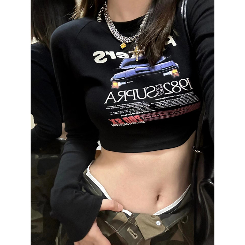 美式辣妹長袖t恤女短款露肚臍正肩設計感小眾春秋冬緊身上衣