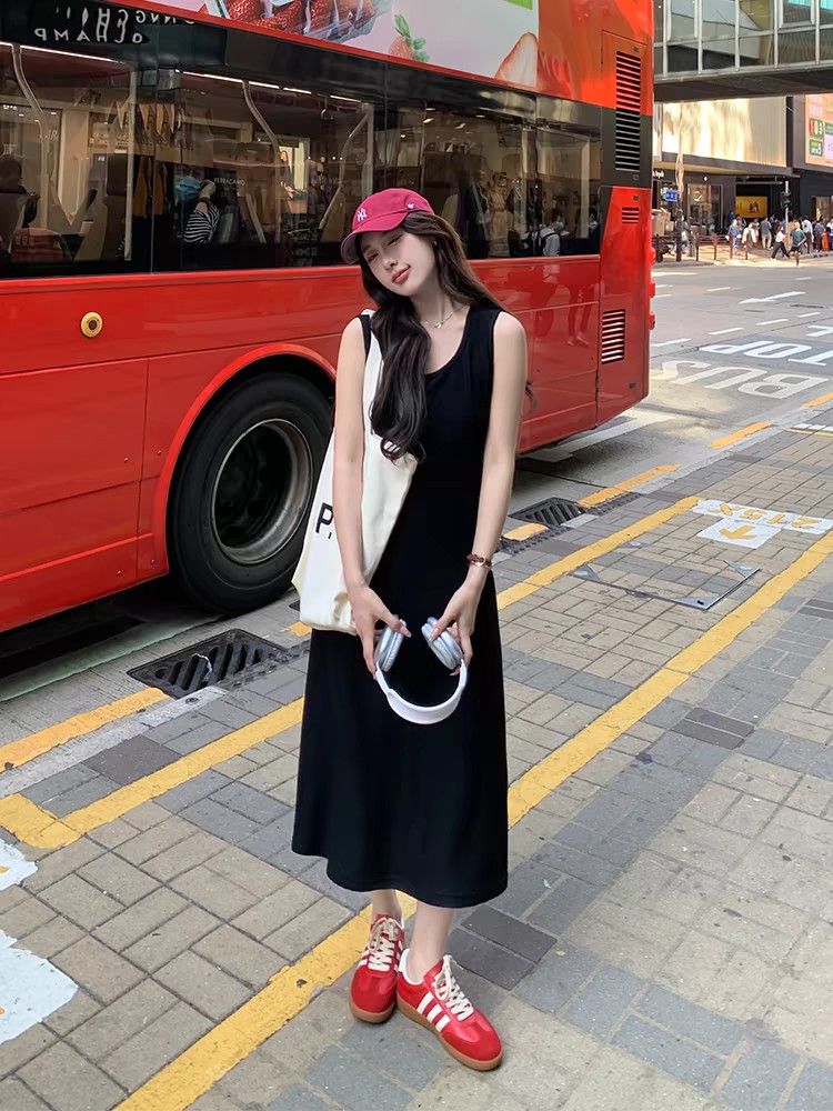 冰爽絲洗水 裙長109胸圍90 顯瘦u領無袖背心裙女春季打底連衣裙