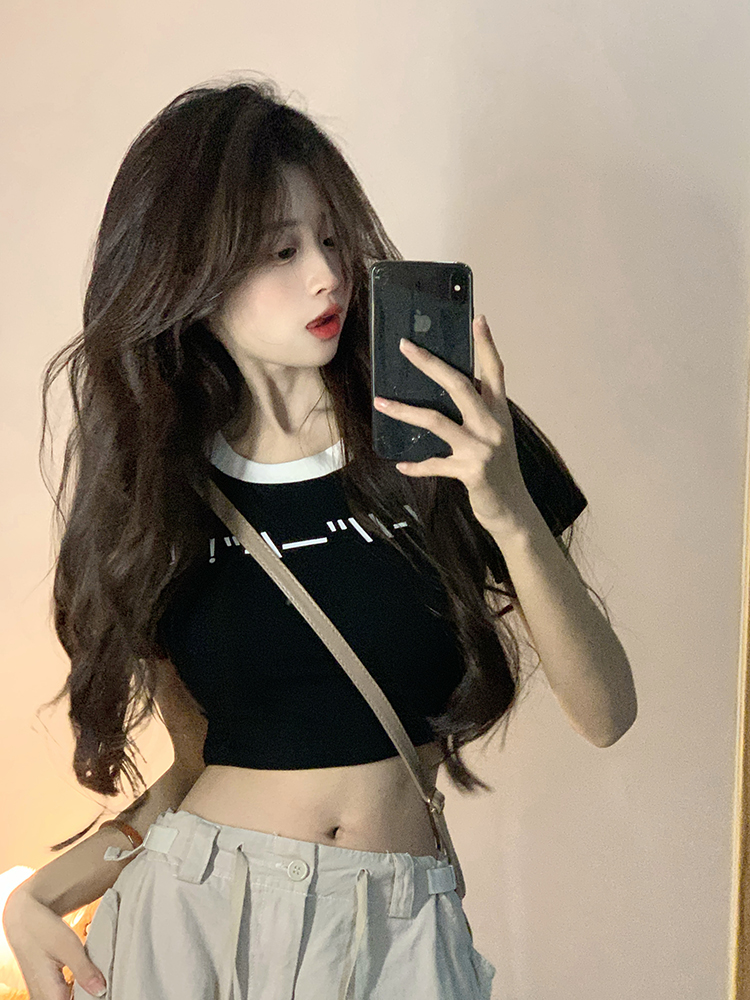 原創~實拍~美式辣妹風露肚臍短款印花顯瘦修身短袖T恤女夏