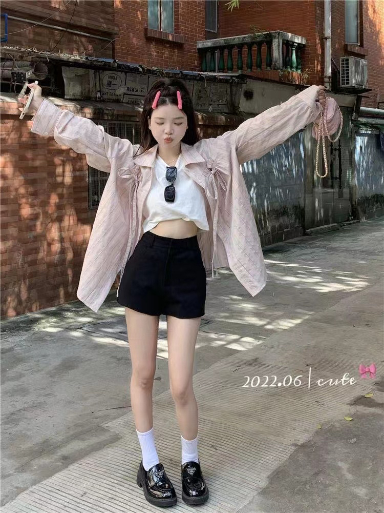 春夏薄款寬鬆綁帶粉色條紋翻領長袖不規則襯衫外搭開衫襯衣女外穿