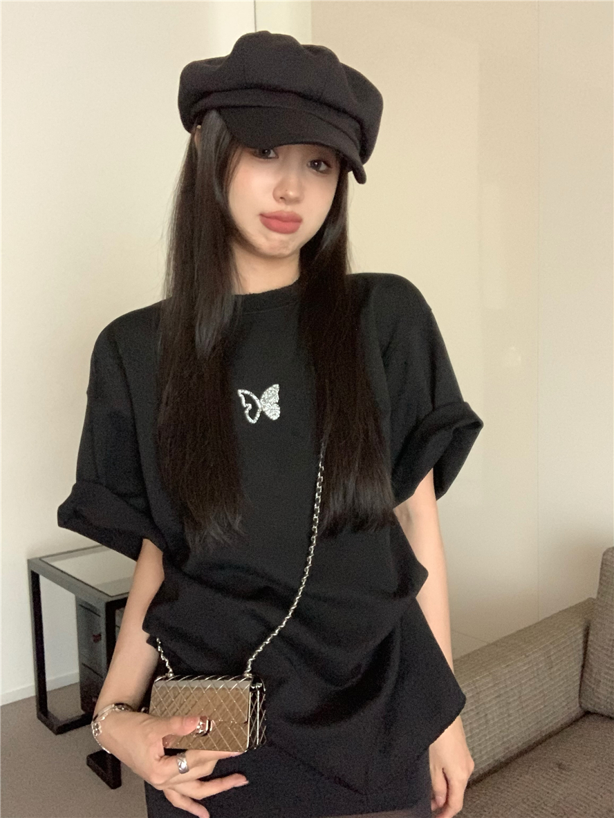 實拍 蝴蝶閃鑽短袖T恤女夏季休閒寬鬆設計感上衣