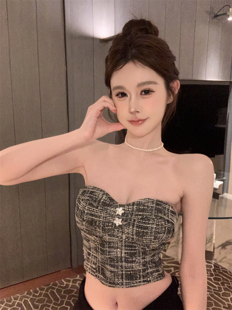 實拍 辣妹修身褶皺收腰短款抹胸背心帶胸墊