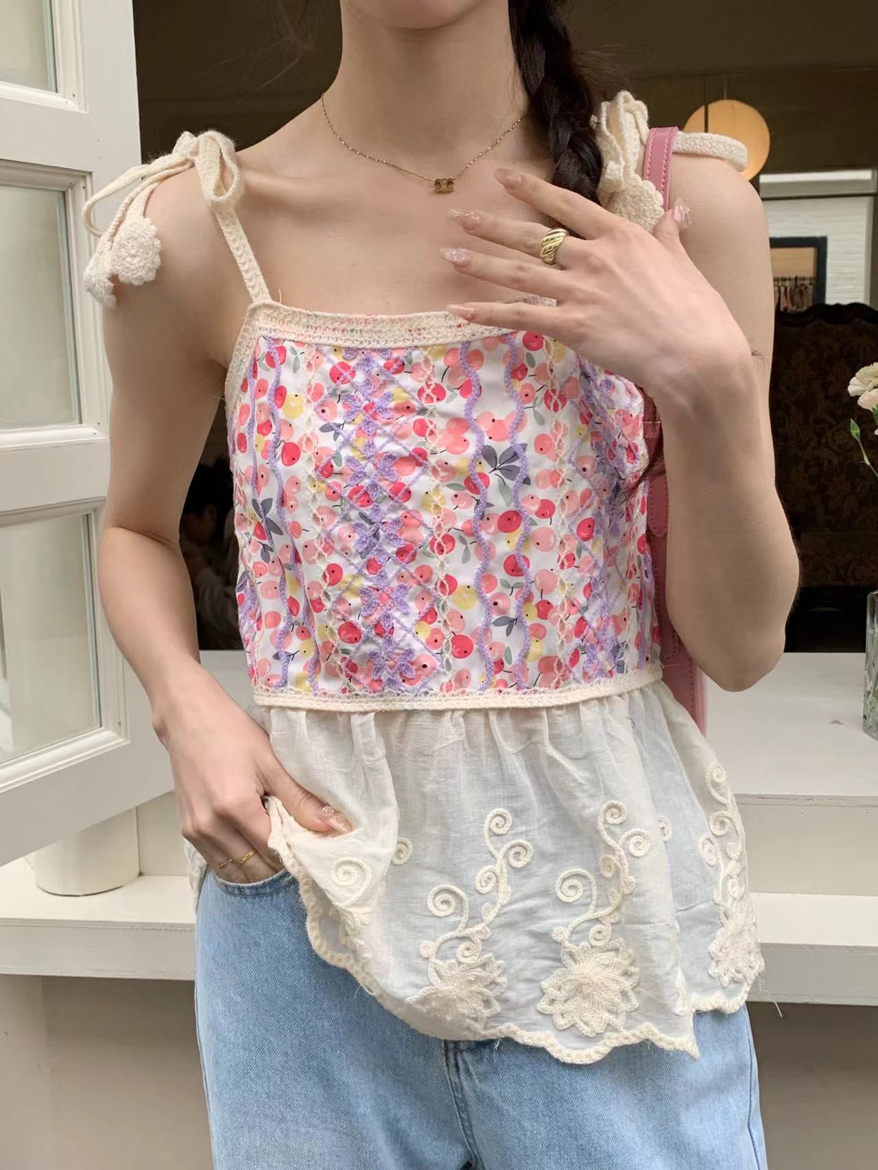 實拍 2024夏季新款度假風刺繡花朵綁帶吊帶女無袖內打底外穿