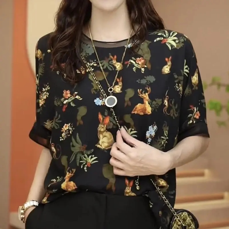 真絲雪紡短袖T恤女夏季新款外穿小衫高檔媽媽遮肉桑蠶絲圓領上衣