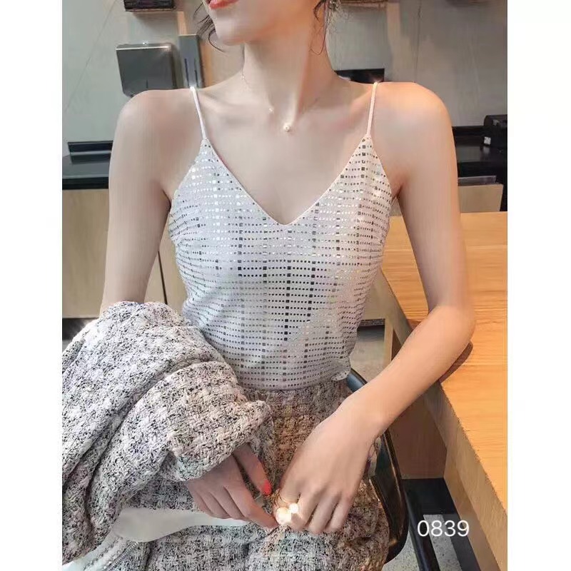 氣質性感V領亮片吊帶背心女閃閃內搭寬鬆港風上衣