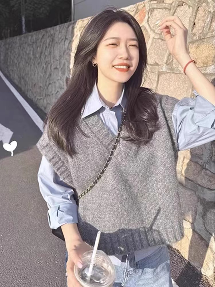 小香風灰色無袖背心針織馬甲女春秋秋冬外搭毛衣疊穿襯衫坎肩馬夾