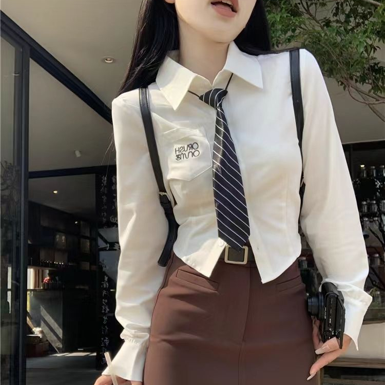 刺繡襯衫女2024春秋學院風Polo領長袖裝辣妹修身顯瘦短款上衣女
