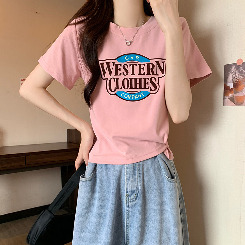 實拍1*1螺紋短袖t恤女夏2024潮趣味印花修身短款圓領上衣大碼女裝