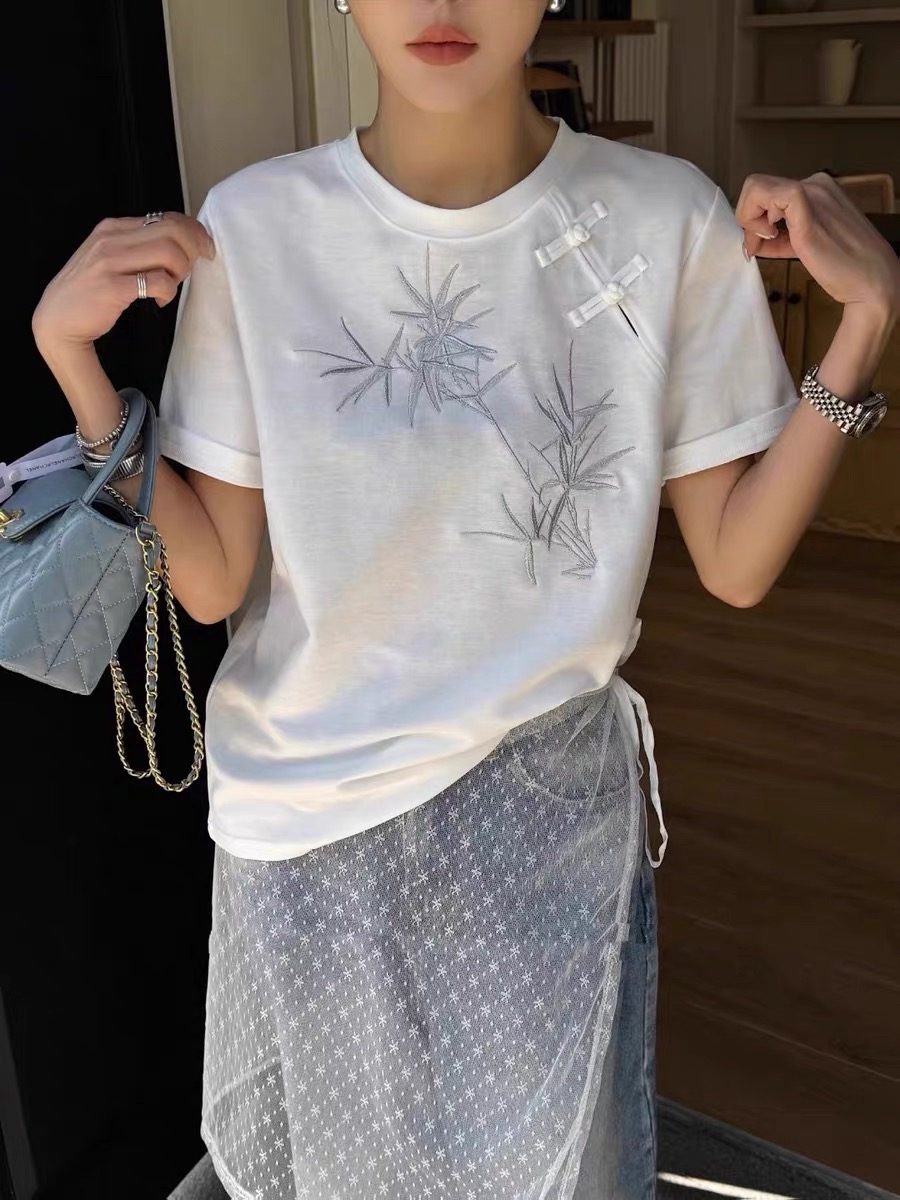 韓伊hanyi復古中式竹子刺繡短袖T恤打底衫女24春夏國風半袖女