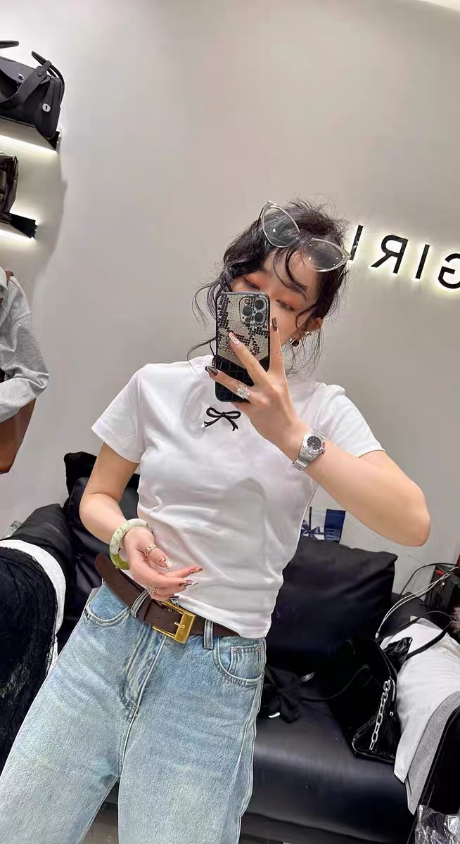 減齡蝴蝶結刺繡短袖T恤女歐洲站2024春新款歐貨甜美修身打底上衣