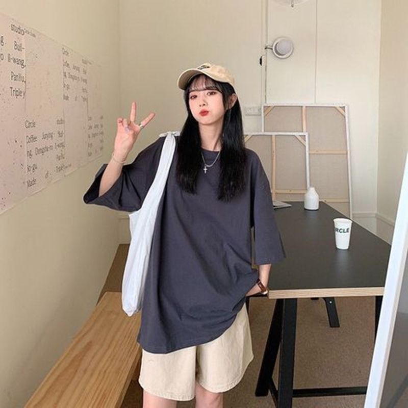 夏季純色基礎寬鬆中長款T恤衫女韓版時尚顯瘦透氣上衣半袖衫