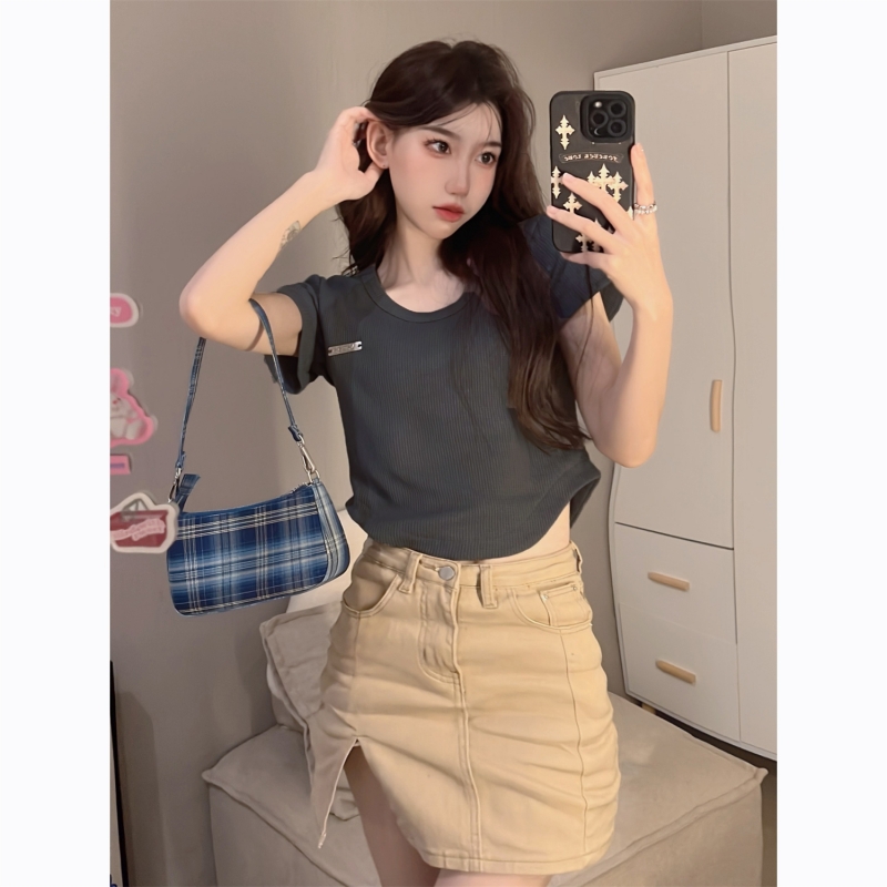 實拍  100%纖維夏裝短袖T恤女高腰設計感小眾上衣