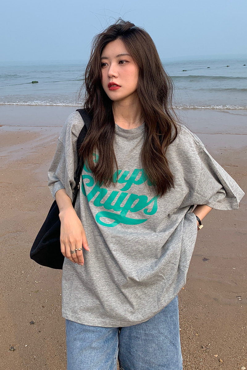 美式字母印花寬鬆大碼中長款短袖t恤女