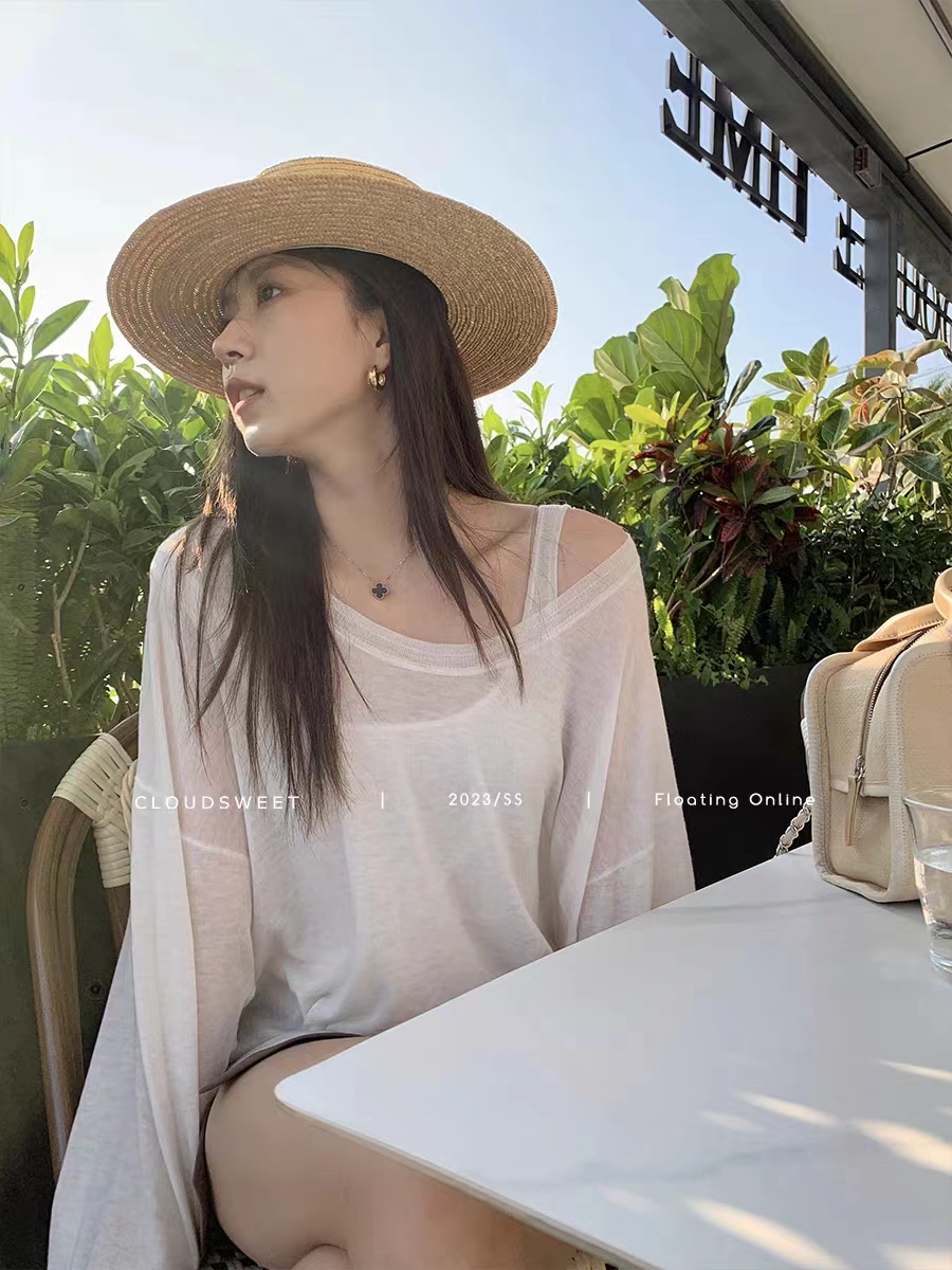 法式溫柔風薄如禪意白色寬鬆針織衫兩件套女夏仿亞麻薄款T恤套裝