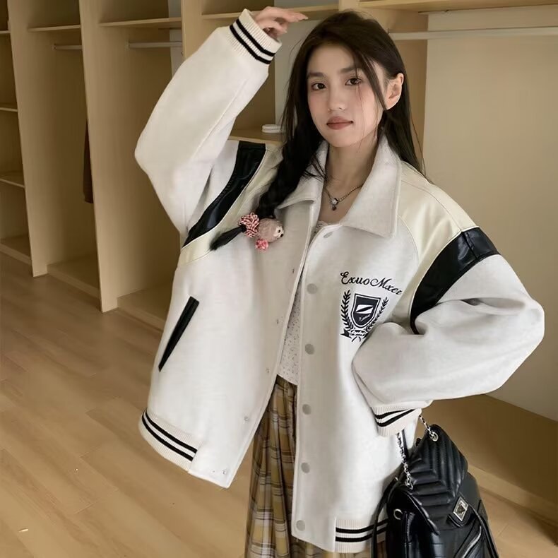 仿棉複合拼皮刺繡棒球服女春秋潮牌寬鬆休閒高級感翻領夾克外套