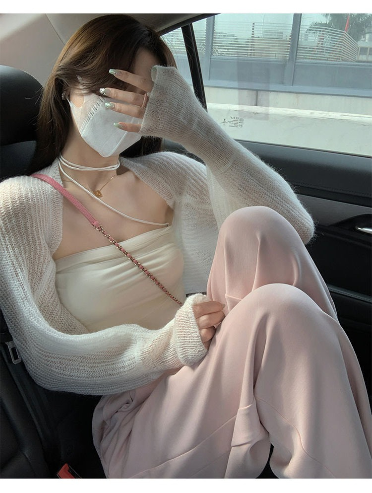 冰絲防曬針織開衫薄款女夏配吊帶裙外搭坎肩罩衫披肩外套短款上衣