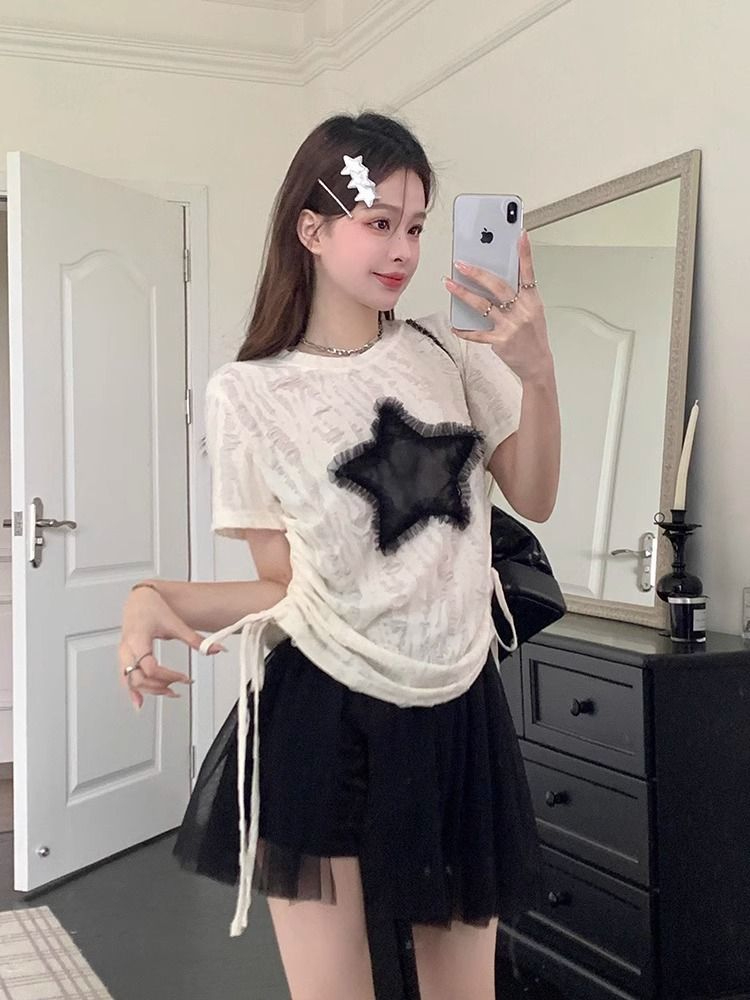 原版面料t恤女辣妹星星網紗短袖T恤女夏季寬鬆顯瘦綁帶抽繩上衣