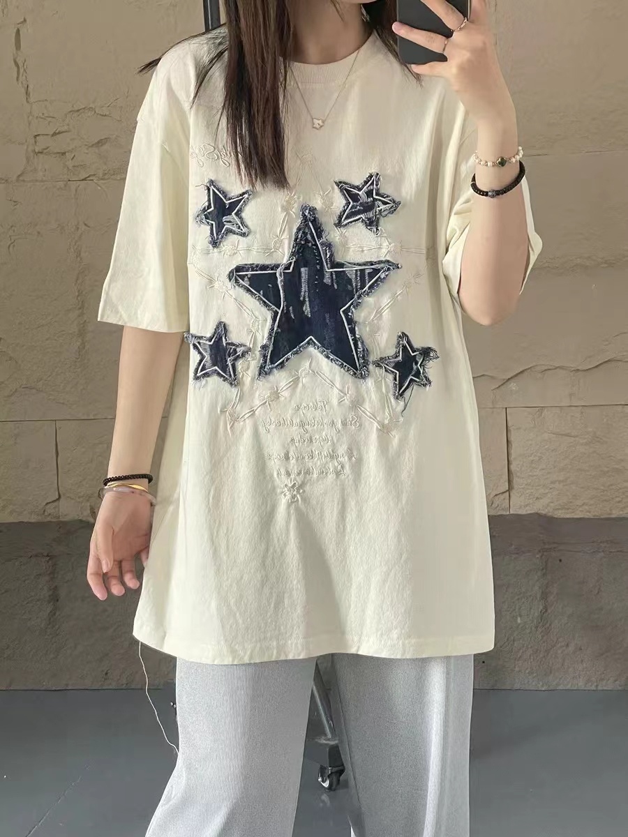 美式復古貼布星星短袖t恤女夏寬鬆潮牌情侶半袖上衣 純棉