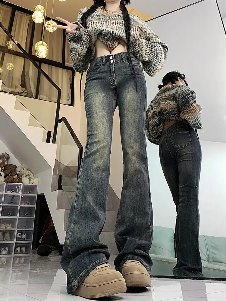 美式高街百搭喇叭褲高腰牛仔褲女春季新款寬鬆顯瘦微喇休閒褲子潮
