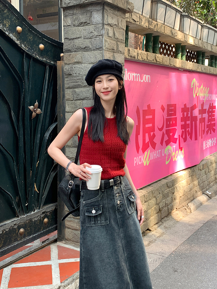 紅色無袖針織馬甲女2024夏季新款寬鬆韓版薄款百搭上衣