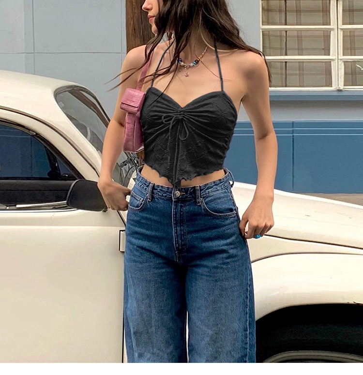 歐美ins風高街辣妹吊帶上衣夏季修身掛脖褶皺系帶顯瘦帶胸墊背心